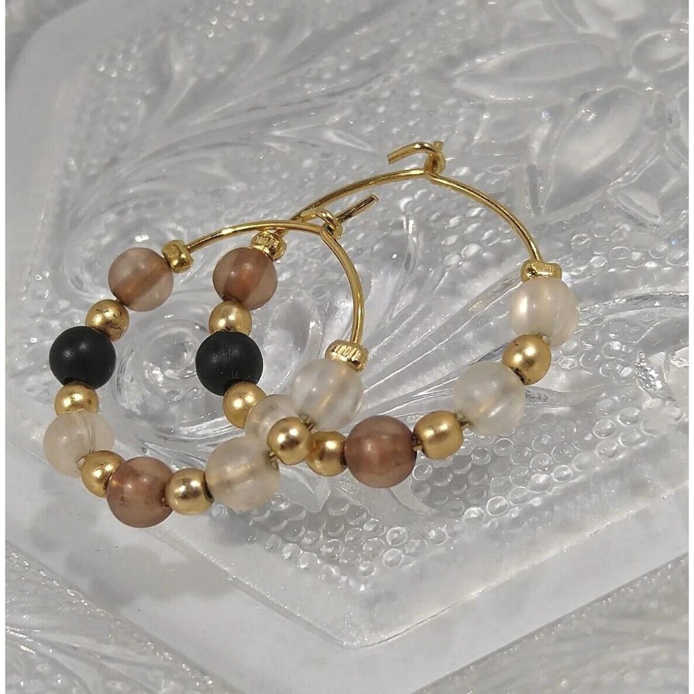 Vintage Gold Tone Brown Black Beaded Fashion Hoop Earrings